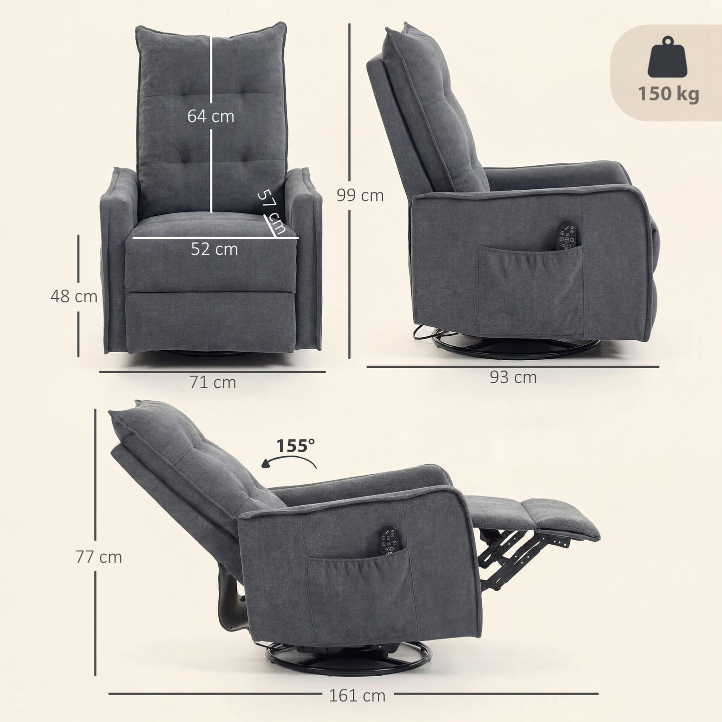 HOMCOM Recliner Armchair, Chenille Recliner Chair with Massage and Heat, 360 degrees Swivel Rocking Manual Recliner, Dark Grey