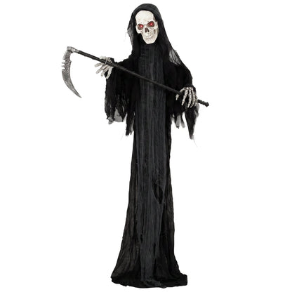 HOMCOM 183cm Life Size Animated Grim Reaper Halloween Decoration, Scary Halloween Animatronics Decor with Sound Touch Activated