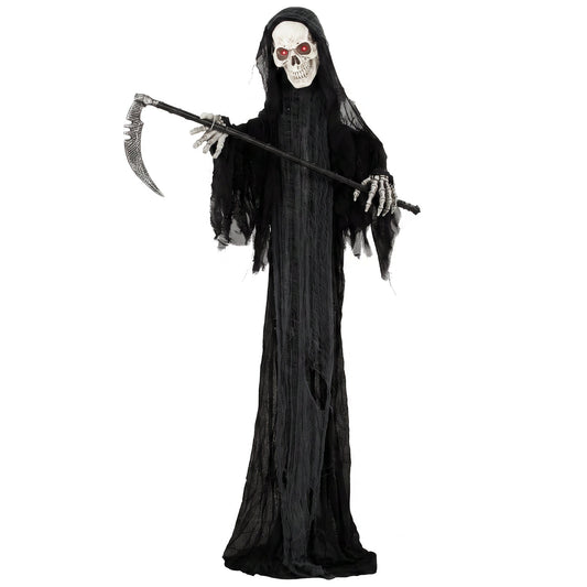 HOMCOM 183cm Life Size Animated Grim Reaper Halloween Decoration, Scary Halloween Animatronics Decor with Sound Touch Activated