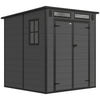 Outsunny 6 x 6 ft Plastic Garden Shed, Wood-Effect Outdoor Storage Shed with Floor, Windows, Lockable Doors and Vents, Dark Grey