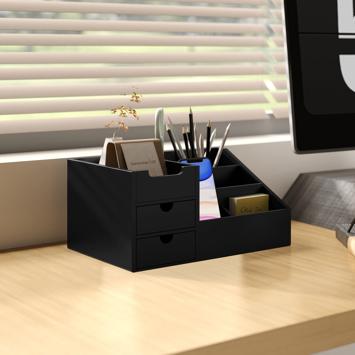 HOMCOM Desk Organiser Holder, Bamboo Multi-Function Storage Caddy with 7 Storage Compartments and 2 Drawers for Home Office Stationary Supplies, Black