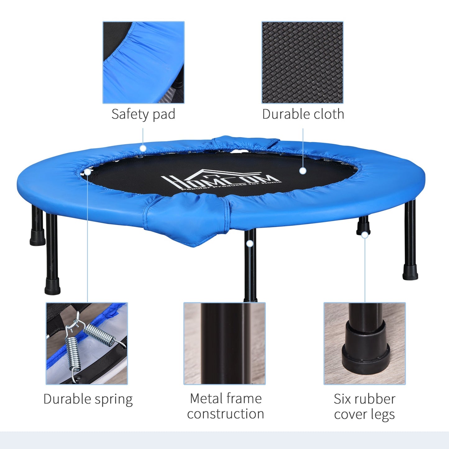 HOMCOM a96cm Mini Fitness Trampoline Home Gym Yoga Exercise Rebounder Indoor Outdoor Jumper with Safety Pad, Support Up to 100 KG, Blue and Black