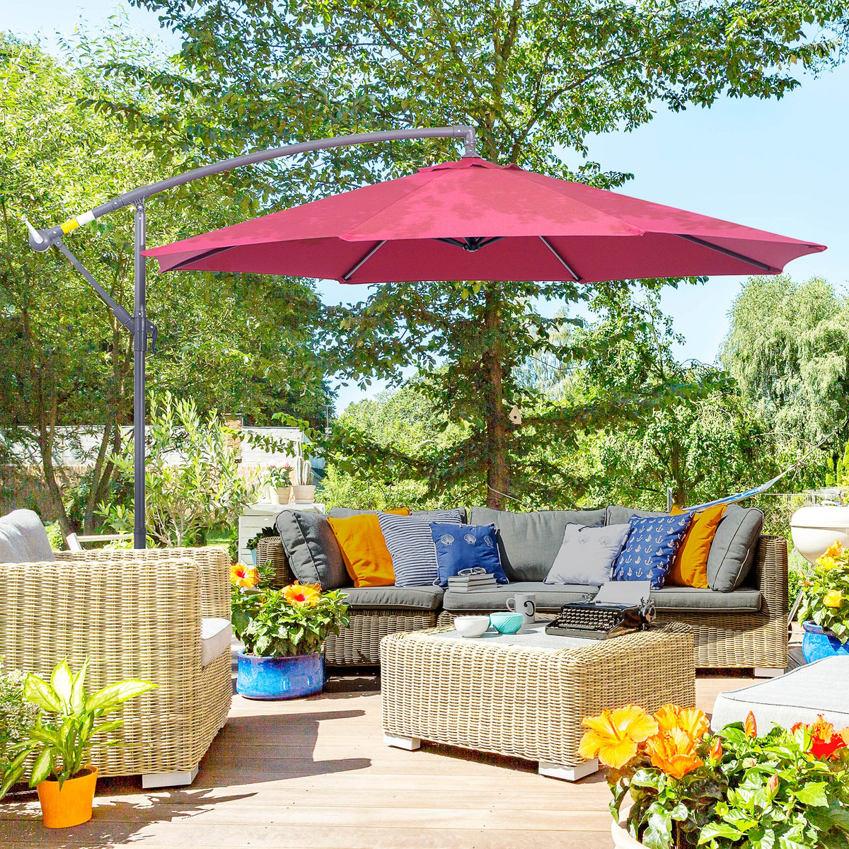 Outsunny 3m Water Resistant Terylene Hanging Parasol Wine Red