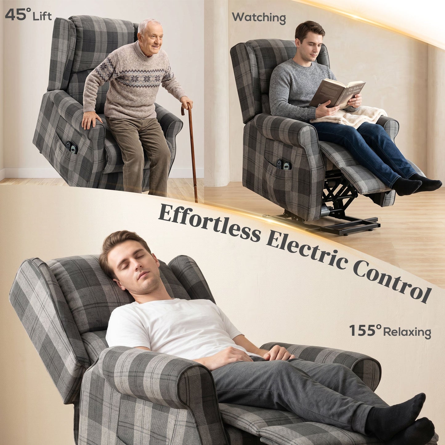 HOMCOM Power Lift Recliner Chair with Vibration Massage, Heat, Checked Lift Chair with Remote, Side Pockets, Grey