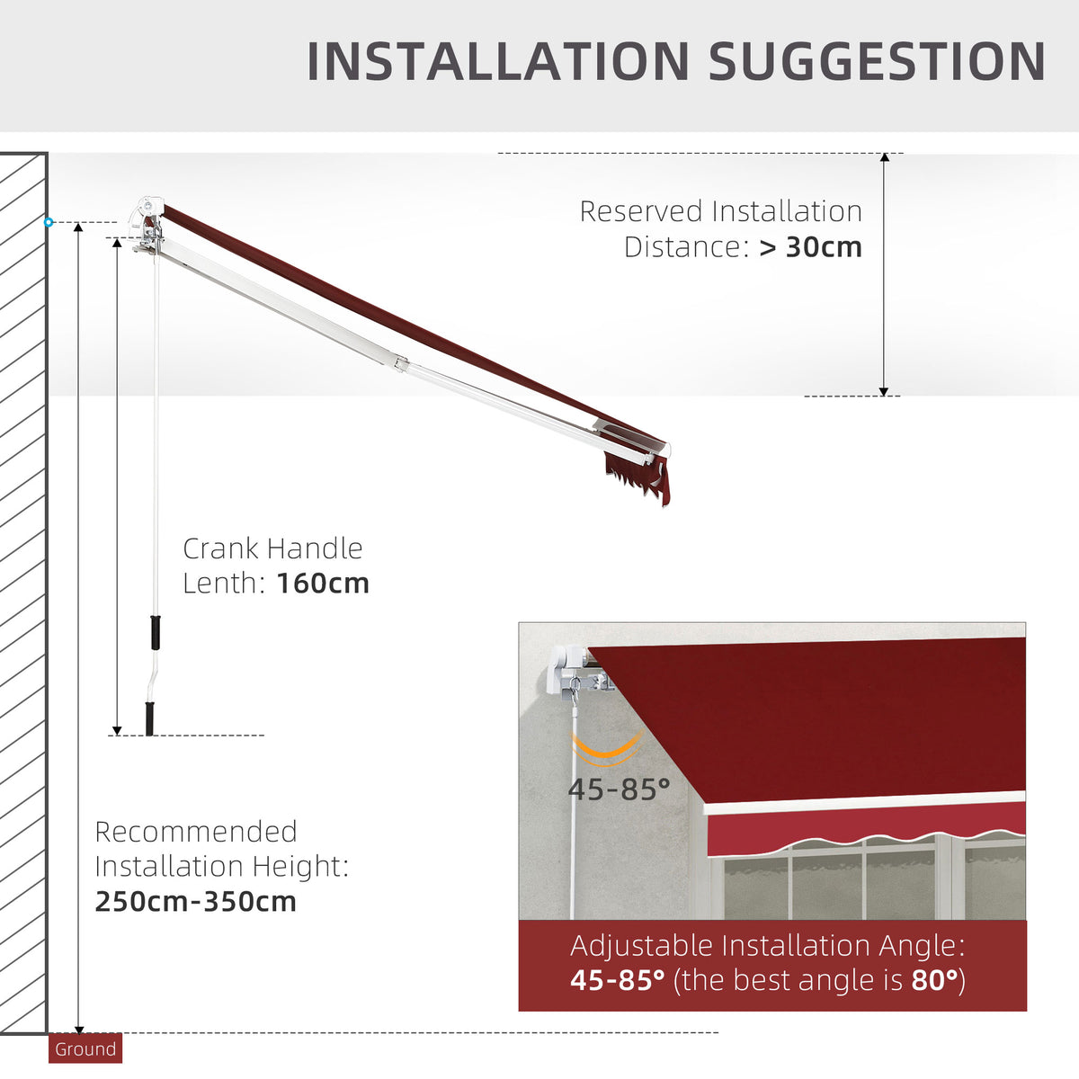 Outsunny Manual Retractable Patio Awning Shelter UV Protection in Wine Red