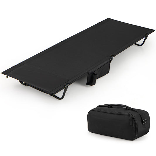 Ultralight Camping Cot for Adults with Side Pocket in black, shown with its carry bag