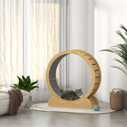 PawHut 39.4" Wooden Cat Running Wheel with Brake in a Natural Wood Finish