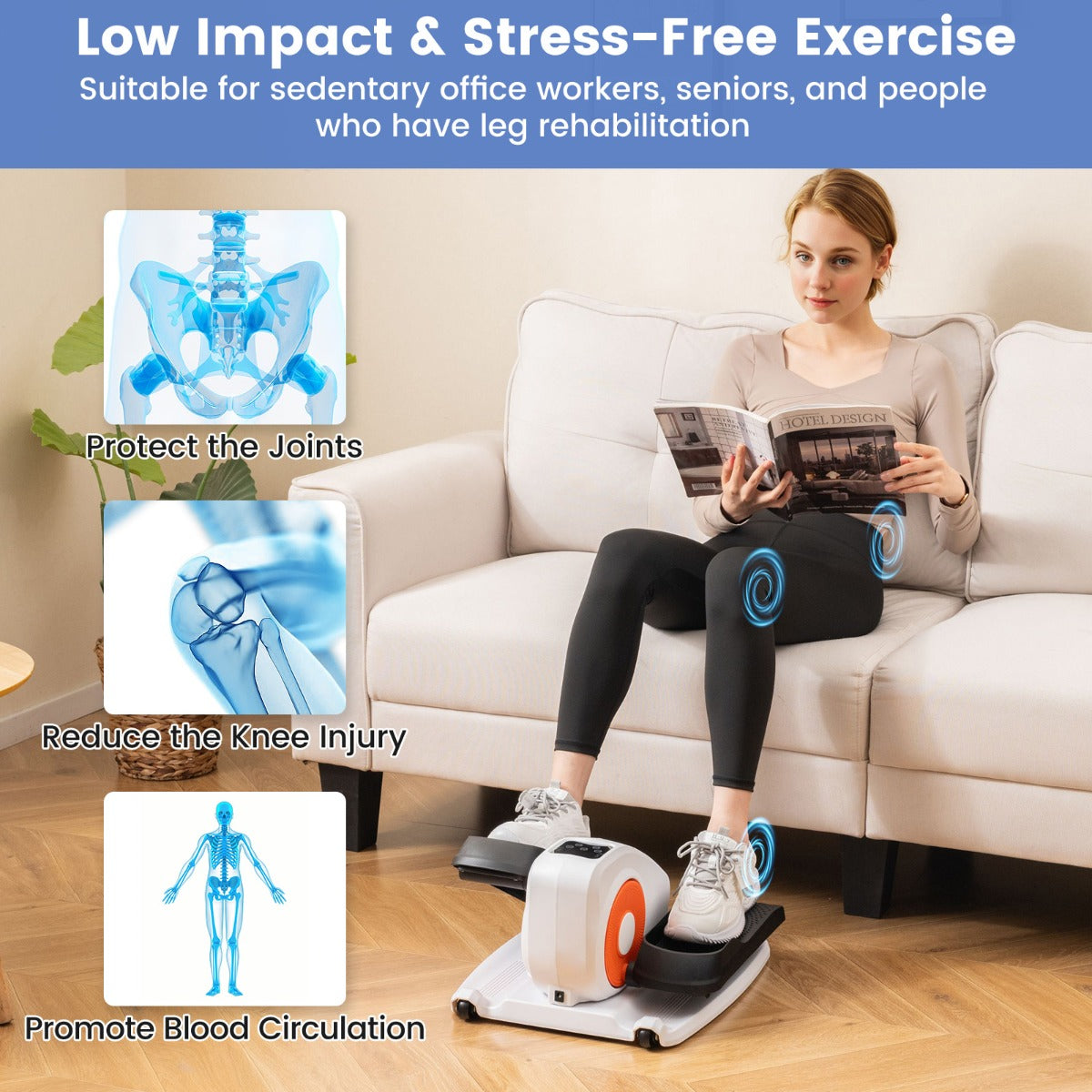 Woman using the exercise machine with diagrams of health benefits