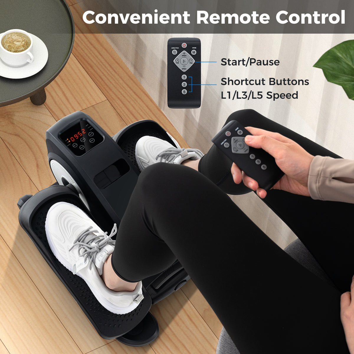 Person using the under desk exercise machine with the remote control