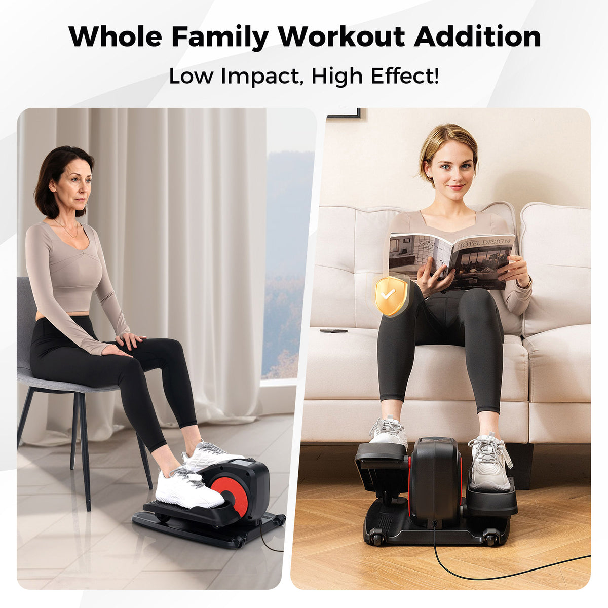Two women using the low impact exercise machine in different settings
