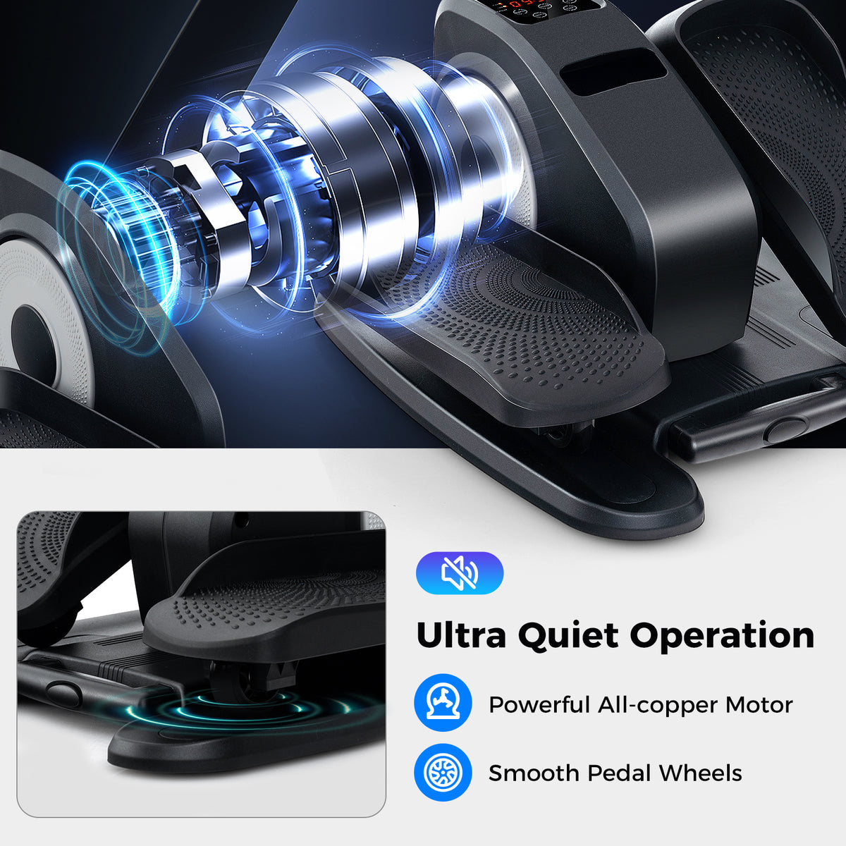 Close up of the quiet motor and smooth pedal wheels of the exercise machine