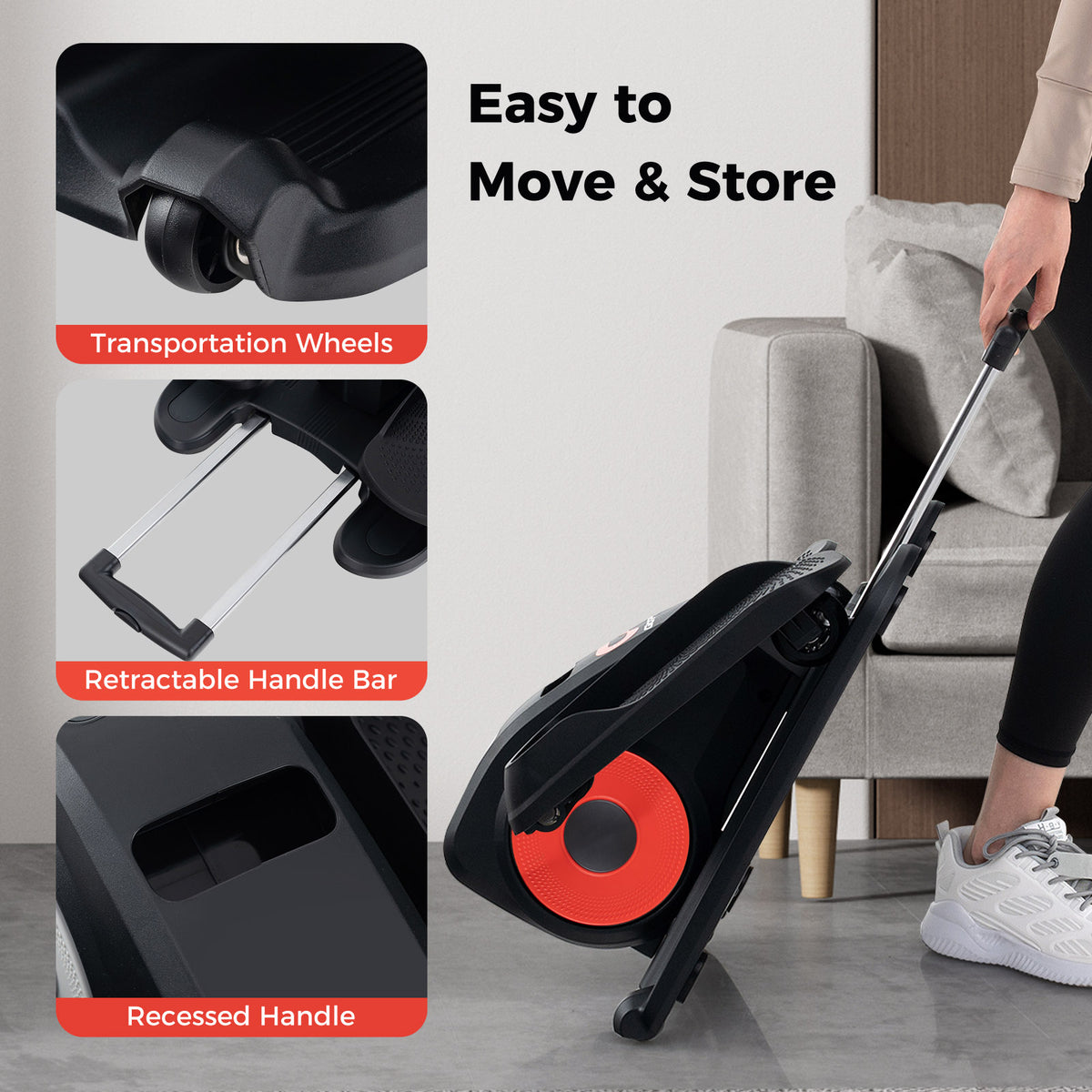 Exercise machine with wheels and handle for easy moving and storage