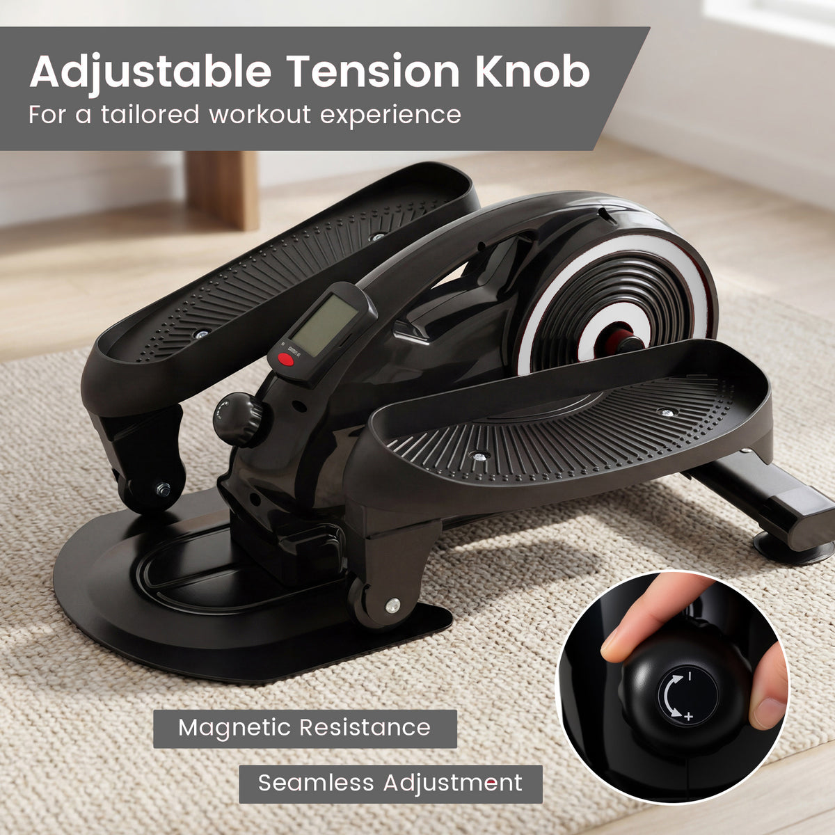 Close-up of the adjustable tension knob and magnetic resistance feature on the under desk elliptical pedal exerciser