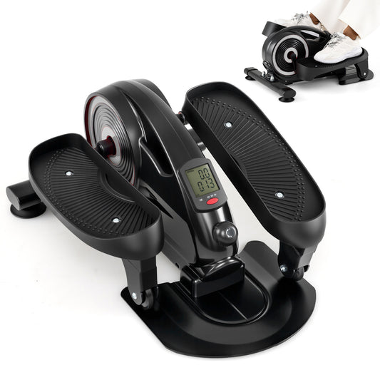 Under Desk Elliptical Pedal Exerciser Adjustable Magnetic Resistance and Whisper Quiet in silver, showing the front and top