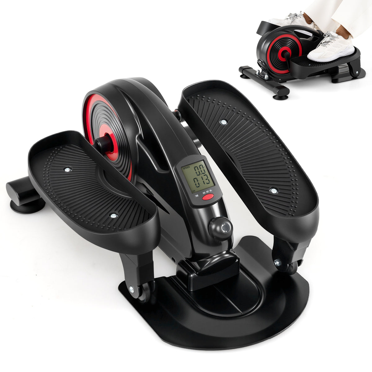Under Desk Elliptical Pedal Exerciser Adjustable Magnetic Resistance and Whisper Quiet in black with red accents
