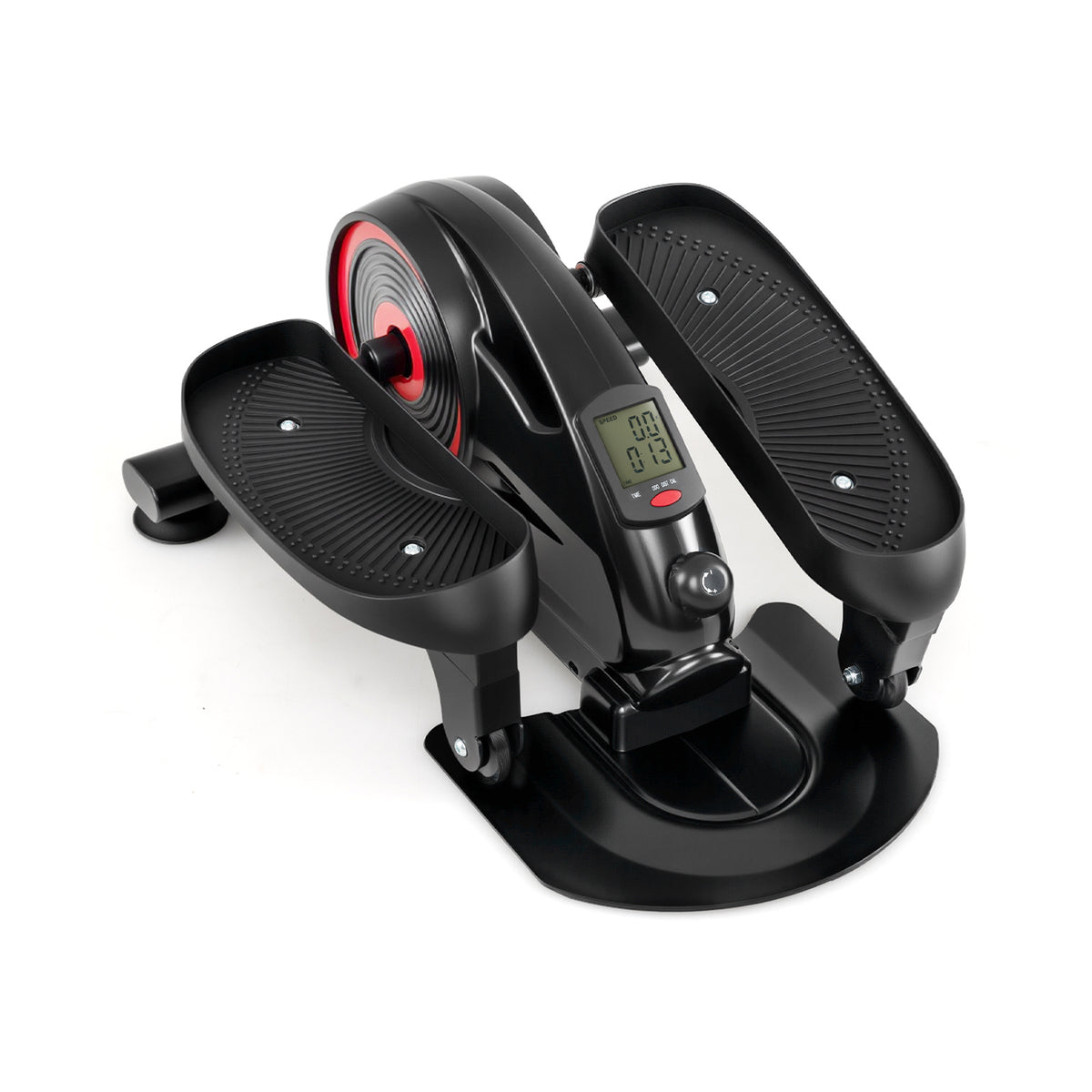 Close-up of the black under desk elliptical pedal exerciser with red detailing