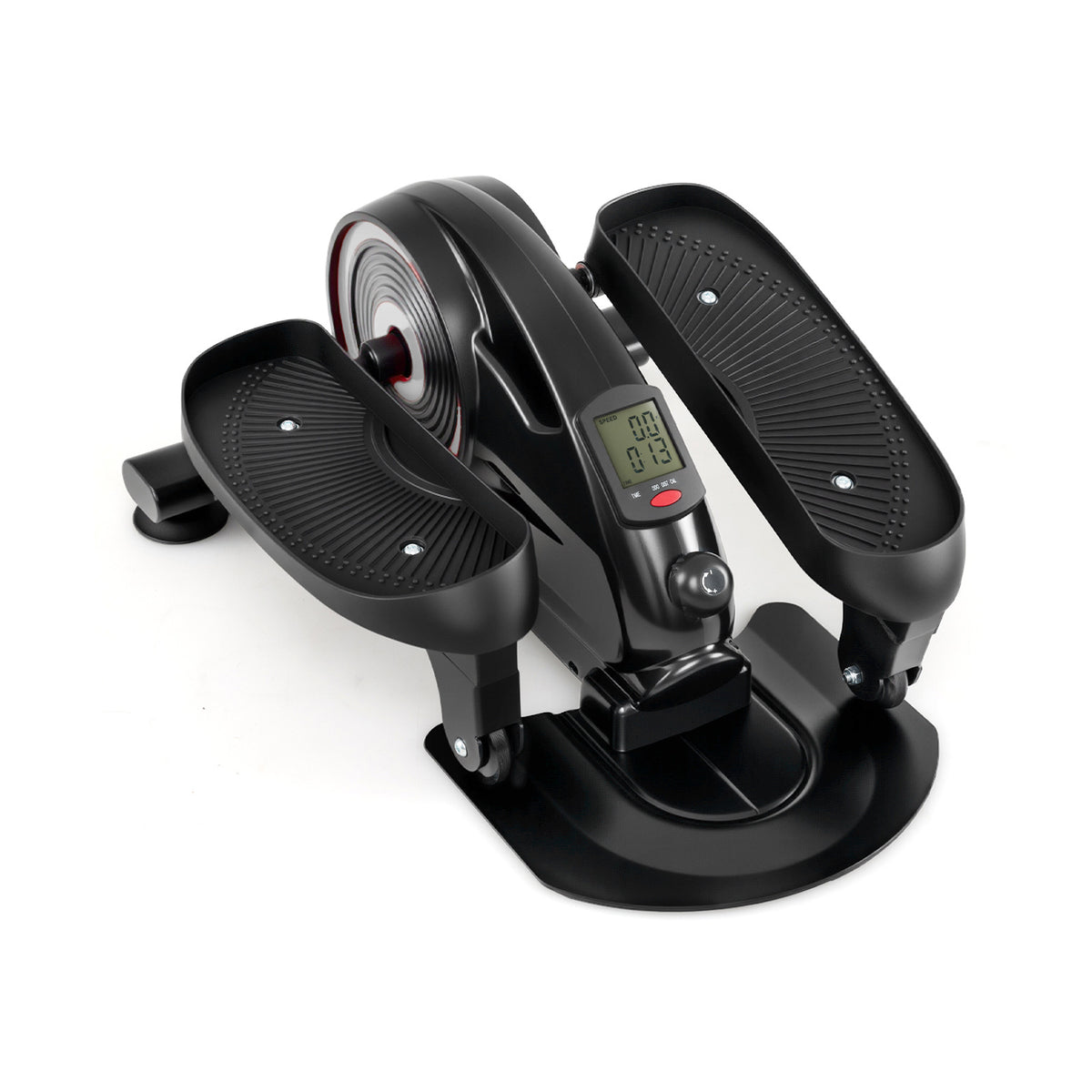 The under desk elliptical pedal exerciser in silver, viewed from a high angle showing the pedals and central unit