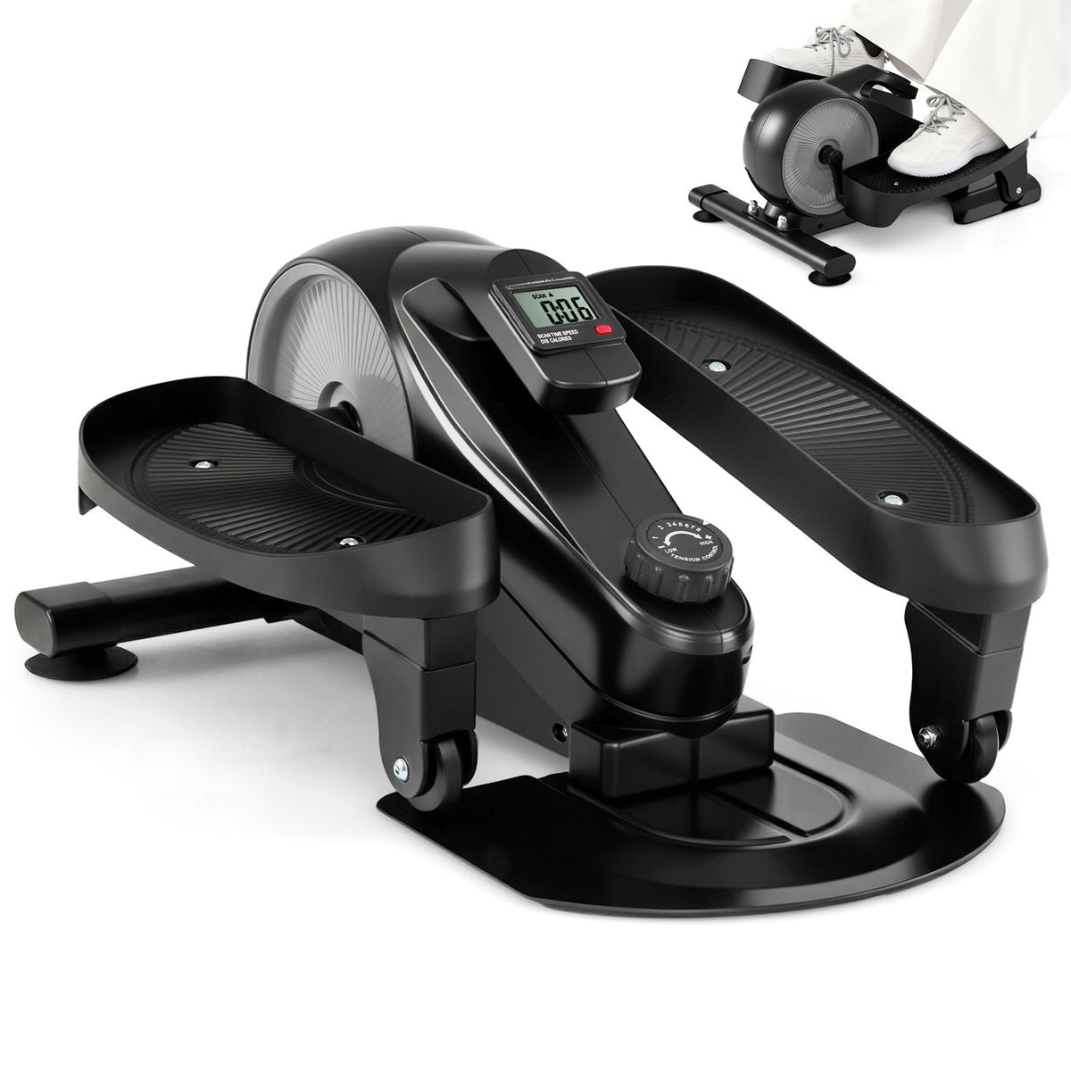 Under Desk Elliptical Pedal Exerciser Adjustable Magnetic Resistance in silver with a digital display