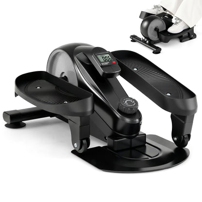 Under Desk Elliptical Pedal Exerciser Adjustable Magnetic Resistance in silver with a digital display