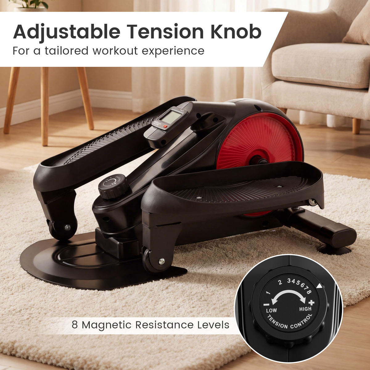 The pedal exerciser with a circular inset showing the tension dial