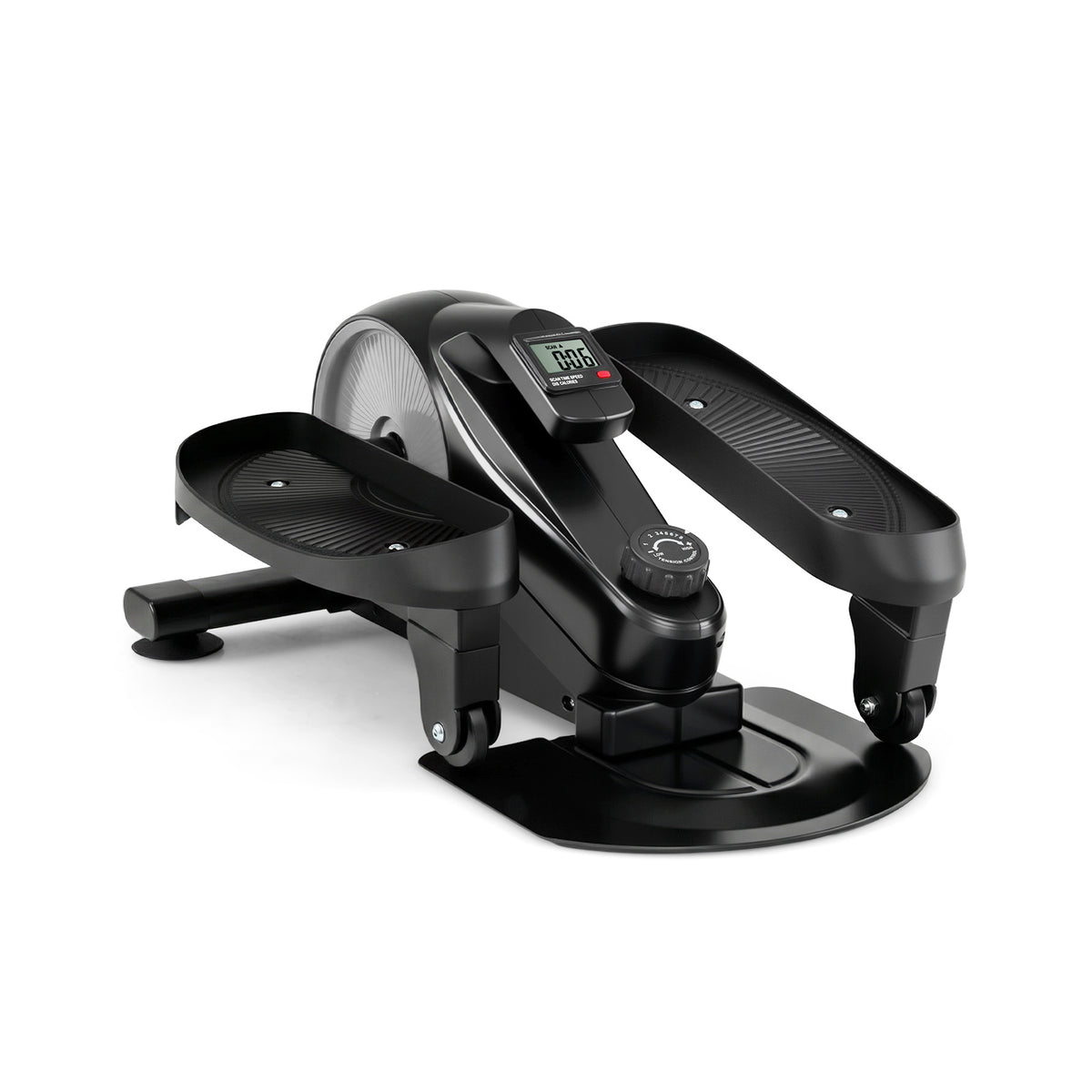 The silver under desk elliptical pedal exerciser from a side angle showing the pedals and base