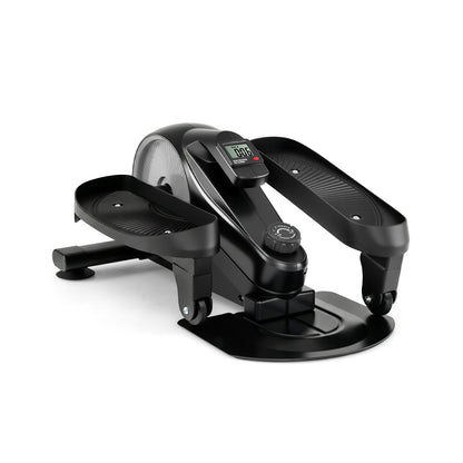 The silver under desk elliptical pedal exerciser from a side angle showing the pedals and base