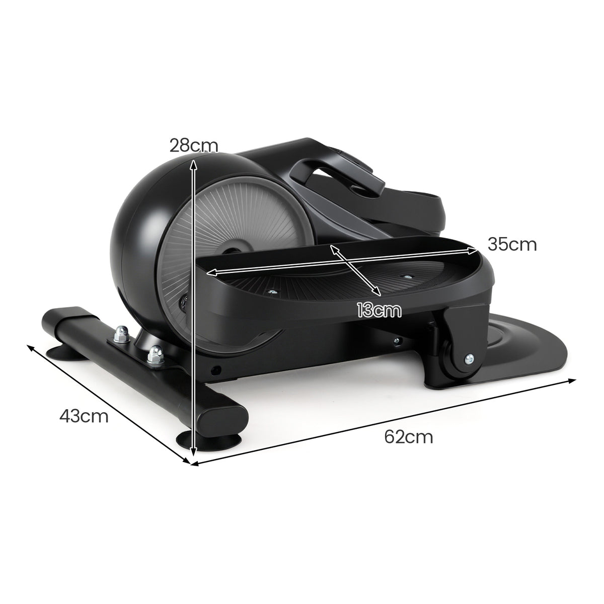 A diagram showing the dimensions of the under desk elliptical pedal exerciser