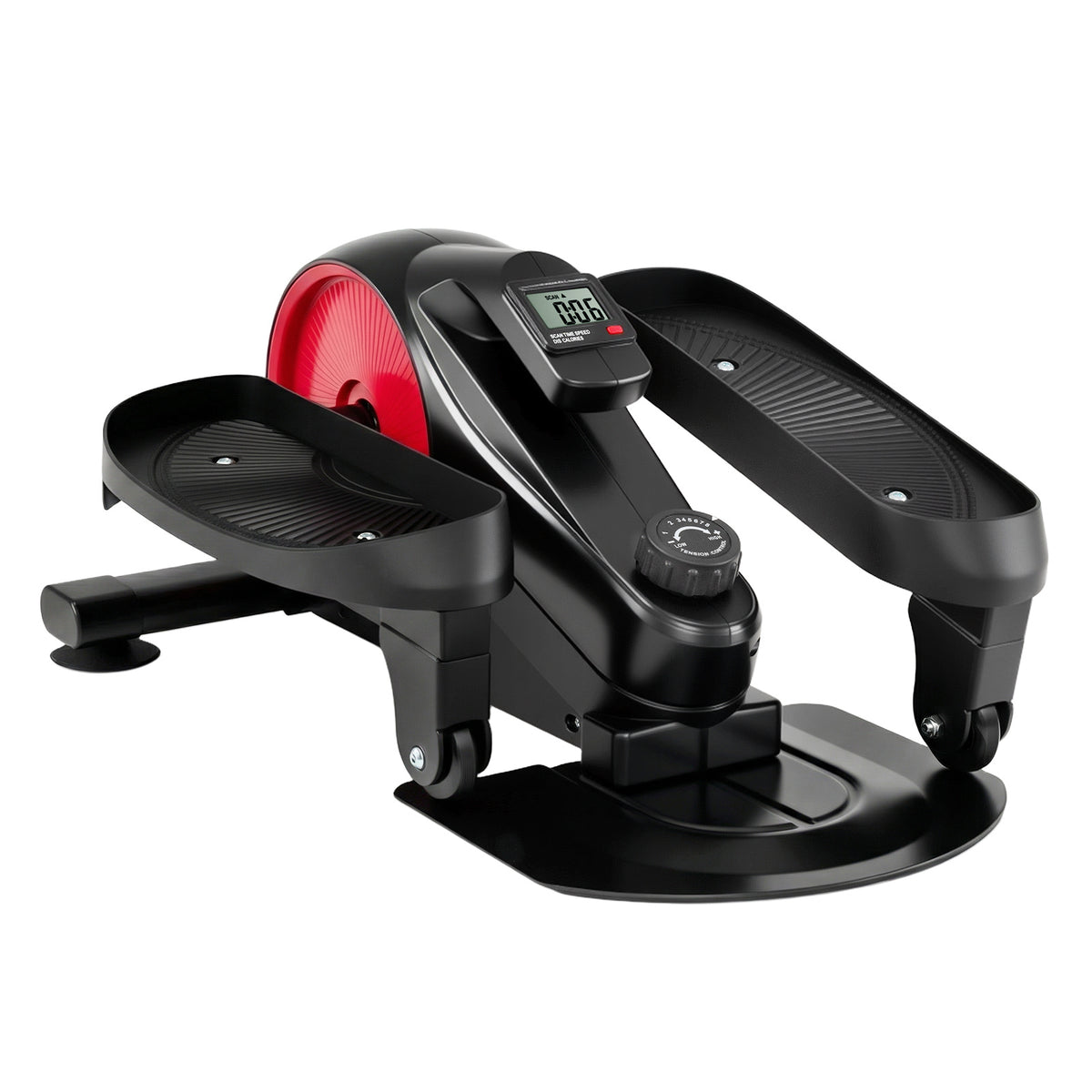 The pedal exerciser showing the black and red frame from a high angle