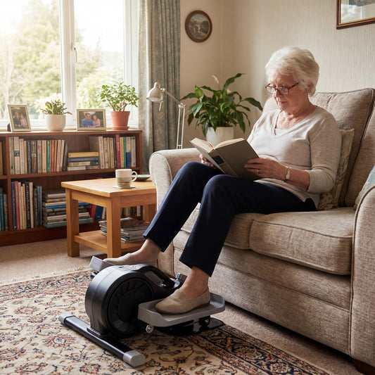 The under desk elliptical pedal exerciser being used by an elderly woman sitting on a sofa reading a book