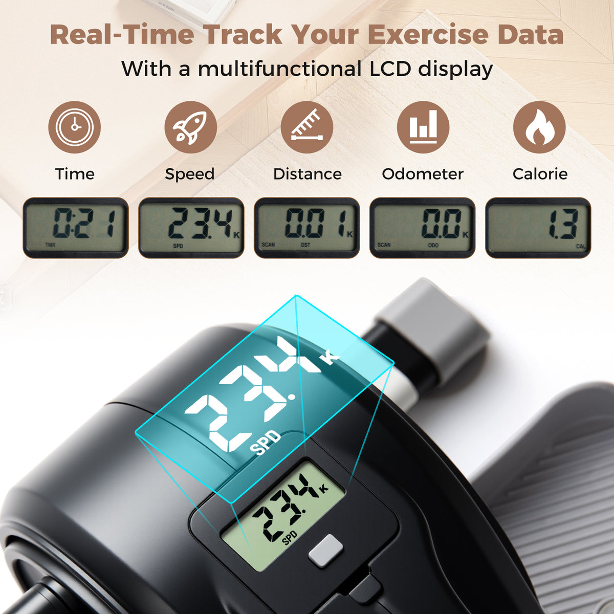 Close-up of the digital display on the under desk elliptical pedal exerciser showing exercise data