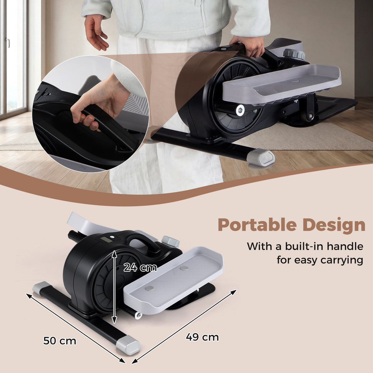 The portable under desk elliptical pedal exerciser with a built-in handle for easy carrying