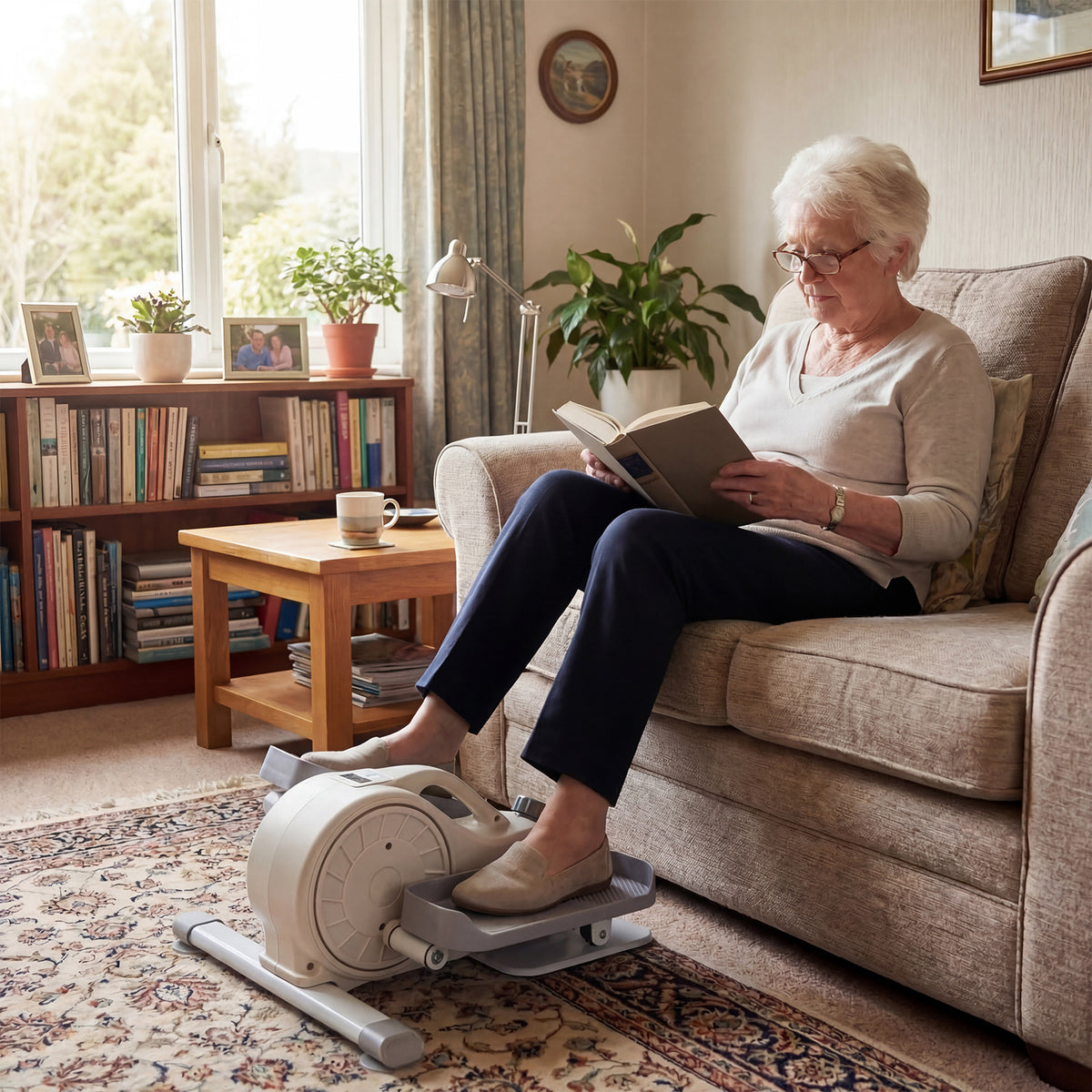 Under Desk Elliptical Pedal Exerciser with Forward, the exercise bike being used by an elderly person sitting on a sofa while
