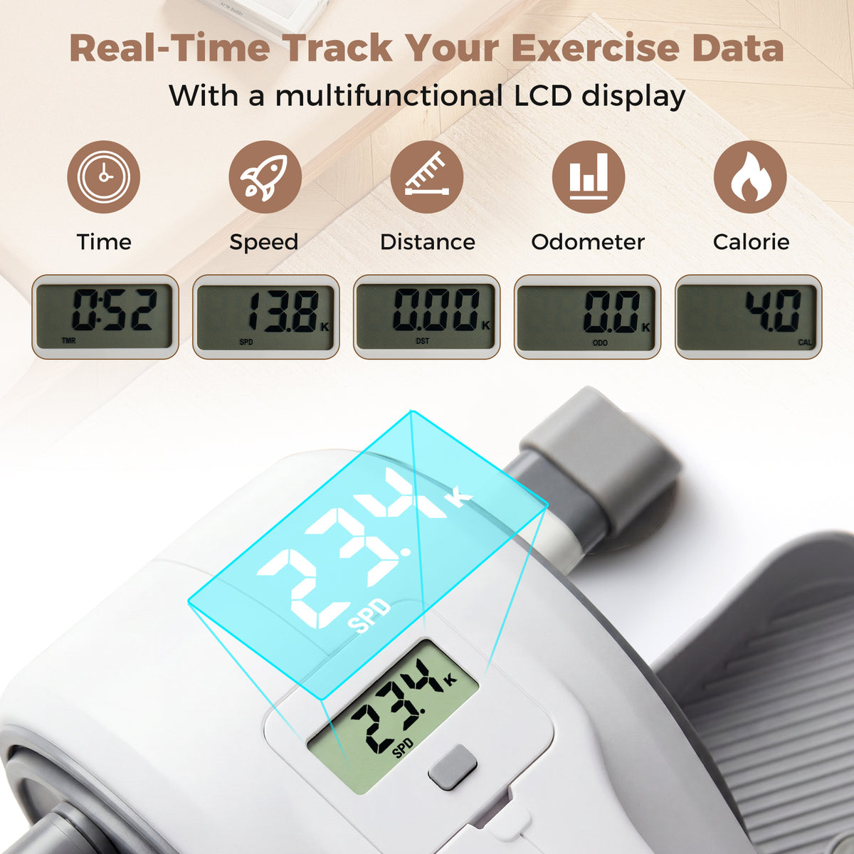 Under Desk Elliptical Pedal Exerciser with Forward, the exercise bike digital display screen showing various workout tracking