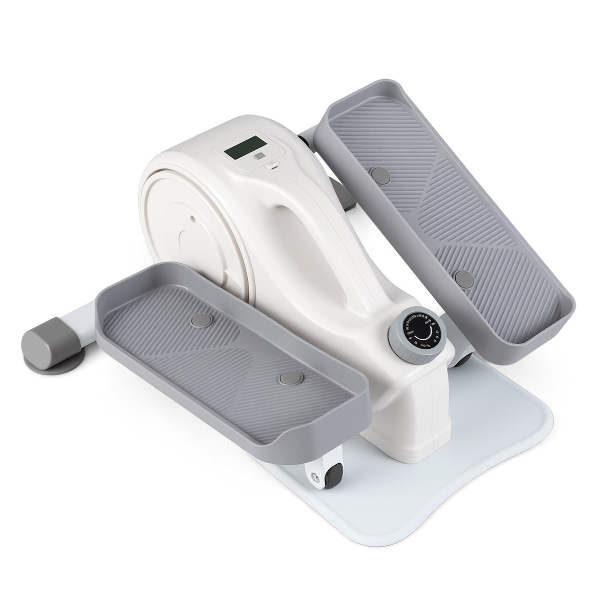 Under Desk Elliptical Pedal Exerciser with Forward in white with grey pedals and a digital display