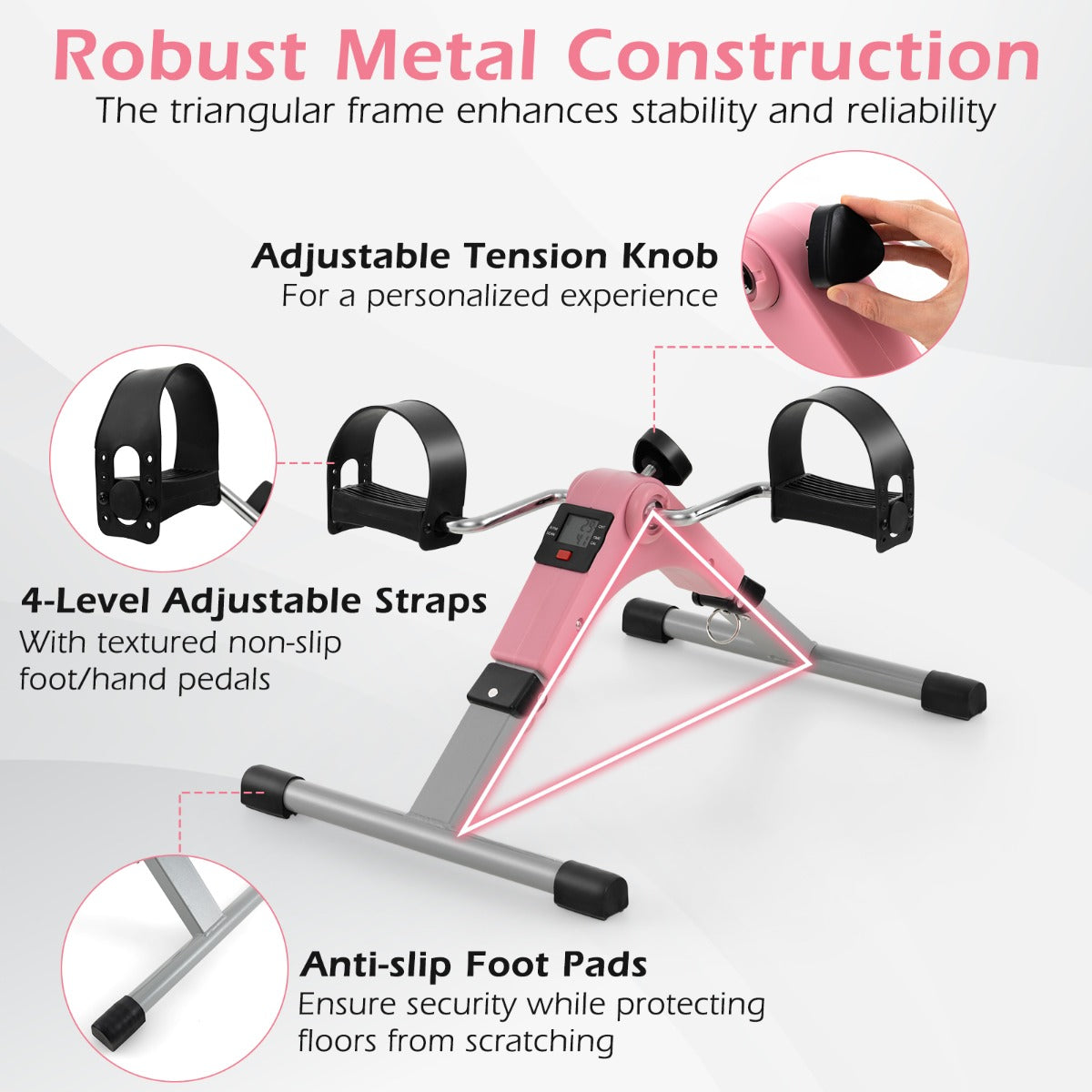The exercise bike with callouts highlighting the tension knob and anti-slip foot pads