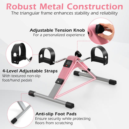 The exercise bike with callouts highlighting the tension knob and anti-slip foot pads