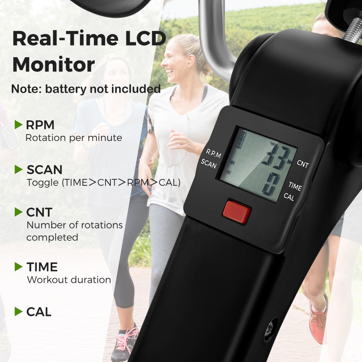 The exercise bike digital monitor with labels explaining the workout metrics