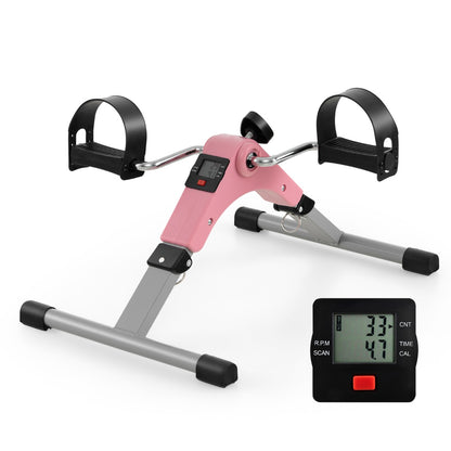 Under Desk Exercise Bike Pedal Exerciser with a digital display screen showing workout statistics
