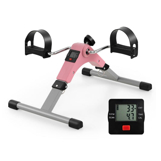Under Desk Exercise Bike Pedal Exerciser with a digital display screen showing workout statistics