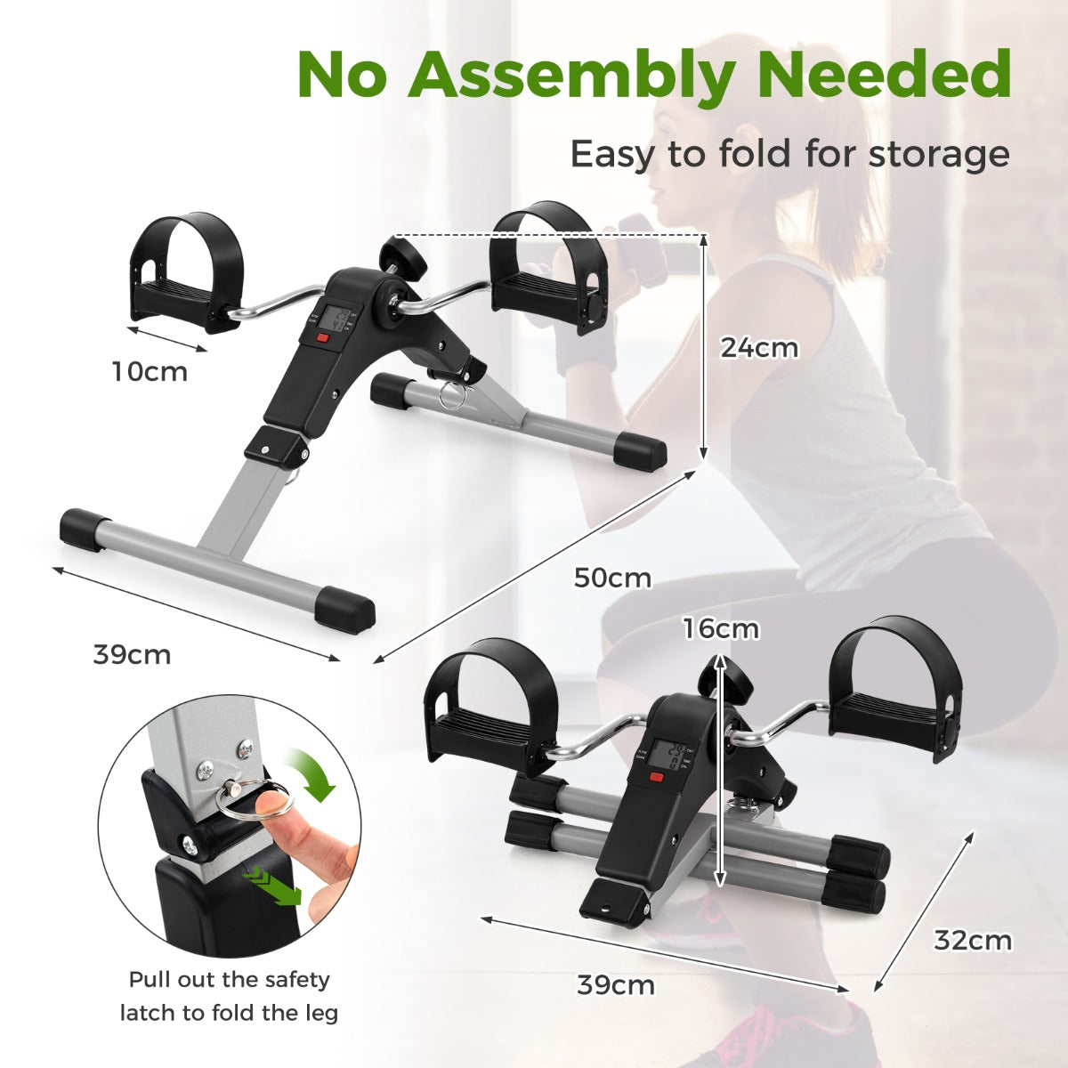 The exercise bike shown with dimensions and a close-up of the folding mechanism
