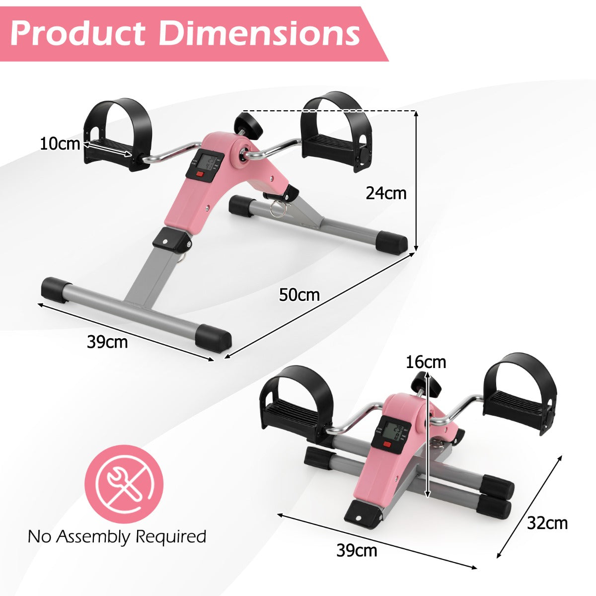 The exercise bike shown with dimension labels and a no assembly required icon