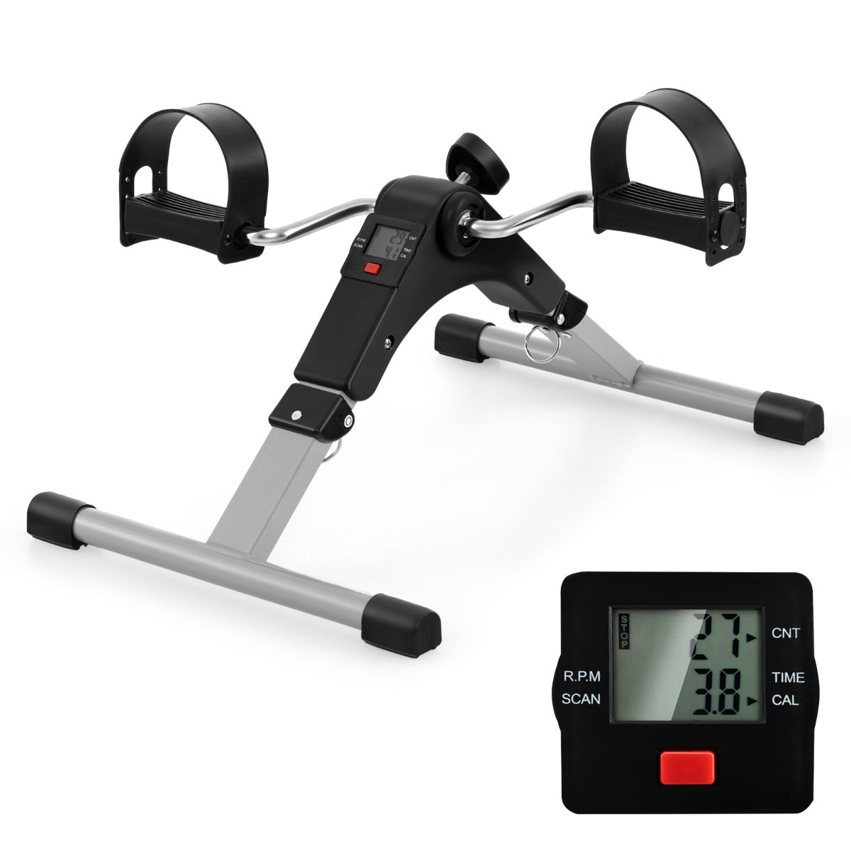 Under Desk Exercise Bike Pedal Exerciser with a digital display showing workout data