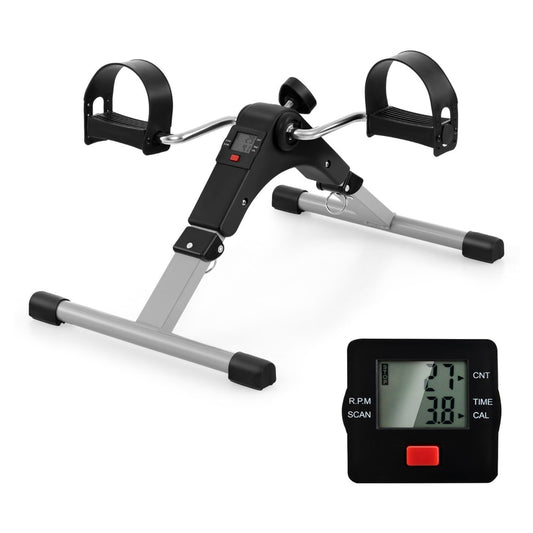 Under Desk Exercise Bike Pedal Exerciser with a digital display showing workout data