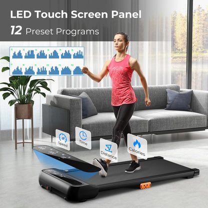 A woman running on a compact treadmill with the LED control panel showing program icons