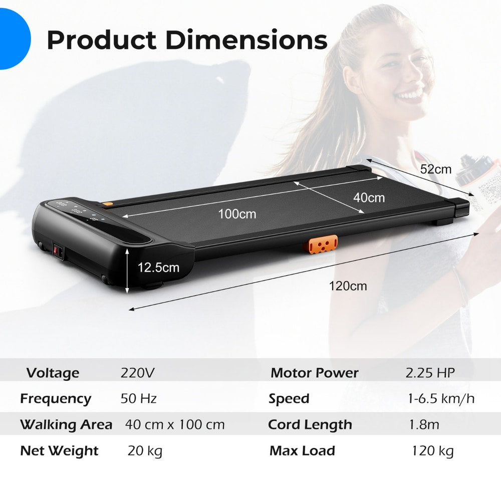 Product dimensions diagram for the under desk treadmill