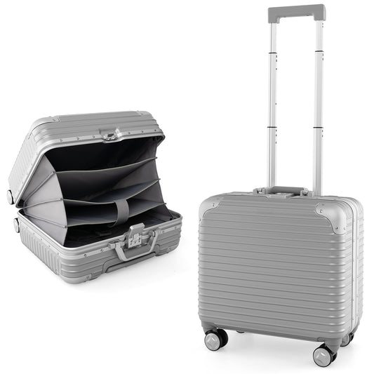 Under-seat Carry On Luggage with Spinner Wheels-Silver shown standing and open with internal dividers