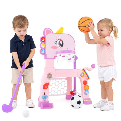 Two children playing with the pink unicorn toddler sports activity centre, one with a golf club