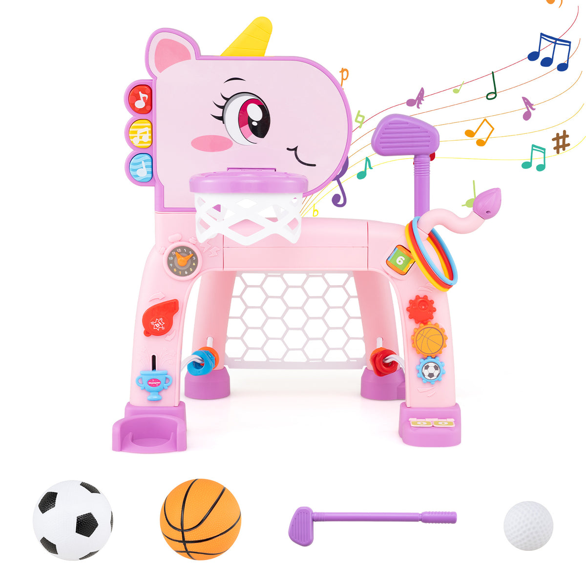 Unicorn Toddler Basketball Hoop and Soccer Ball Activity Center in pink with musical notes