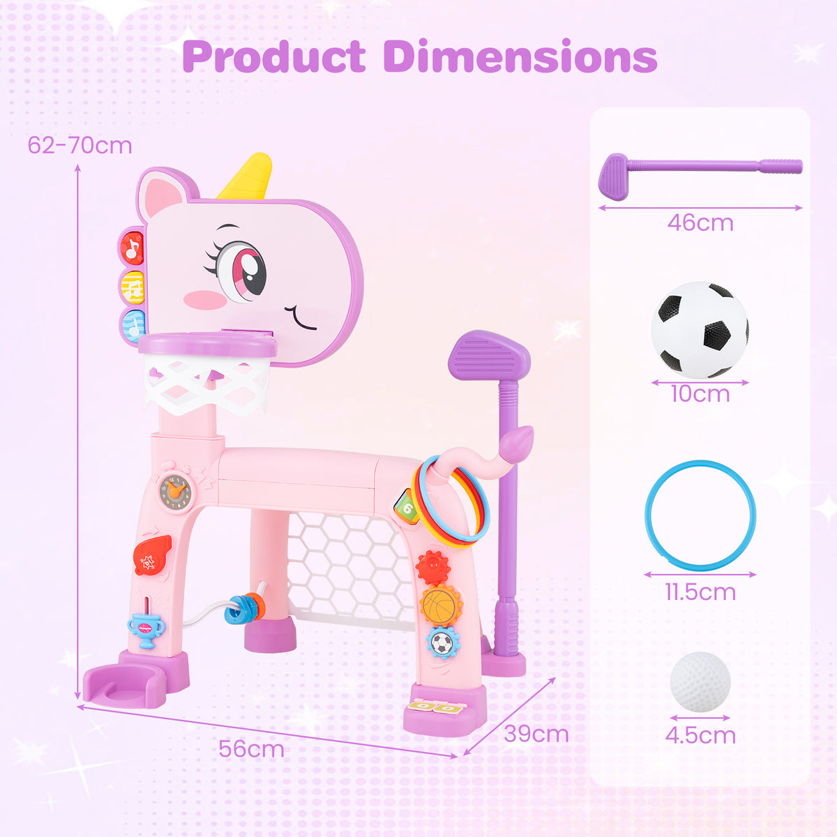 Product dimensions diagram for the pink unicorn toddler sports activity centre