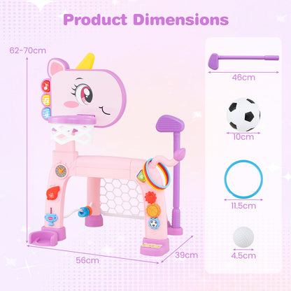 Product dimensions diagram for the pink unicorn toddler sports activity centre